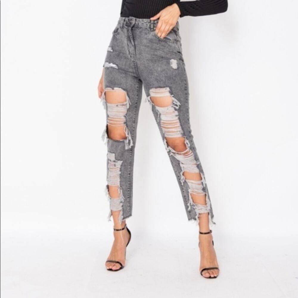 NWT Parisian Distressed Mom Jeans Womens 2 Gray High Rise Ripped Y2K Grunge